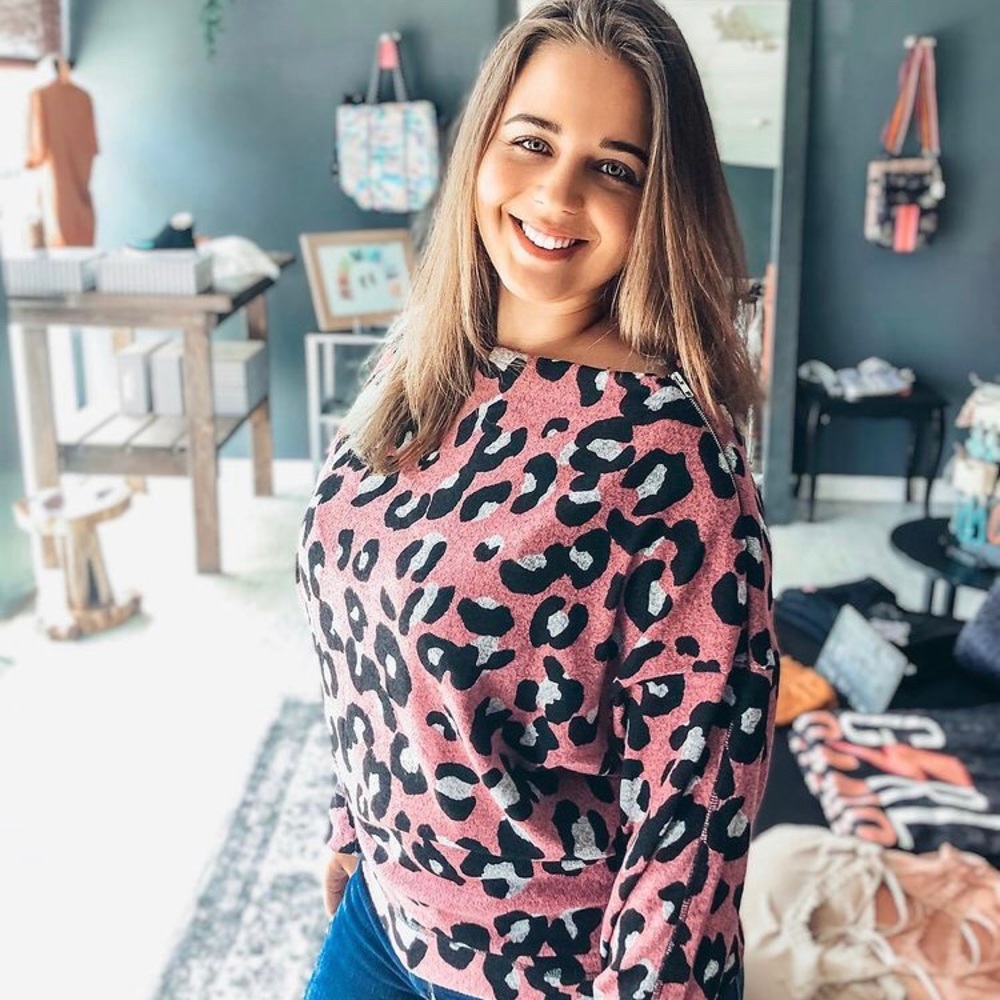 Pink leopard off shoulder sweater
